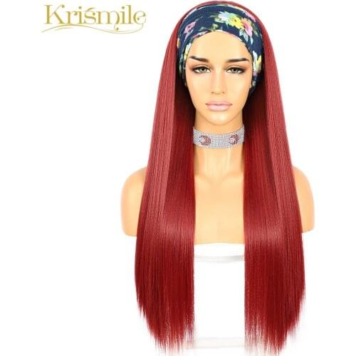 Krismile Long Straight Red Headband Wig Daily Party Holidays Make Up No Gel Glueless Wig for Black Women with 2 Free Bands