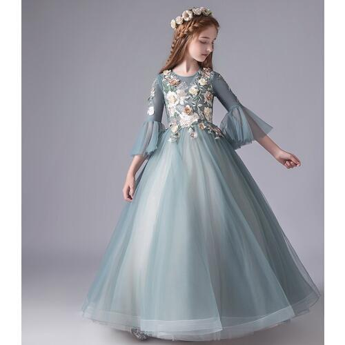 Embroidery Flower Lace Girl Wedding Party Flower Girl Dresses Flare Sleeve Long Tulle Kids Princess Pageant Communion Gown