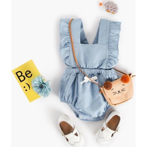 Cute Newborn Baby Girl Romper Summer Sleeveless Baby Romper Jumpsuit Vintage Denim Romper Bow Ruffle Baby Clothes Girl New Blue