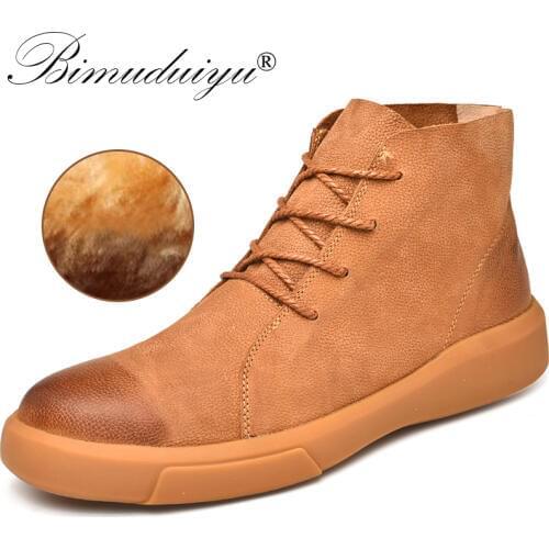 BIMUDUIYU Boots Men Autumn Winter Men Snow Boots Size 38~47 Warmest Cow Leather Ankle Work Boots Wear Comfort Winter Casual Shoe