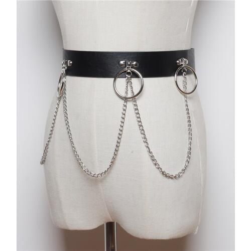 2018 New Punk Gothic Faux Leather Belt Metal Chain Ring Waist Strap Street Dance Decor SC15