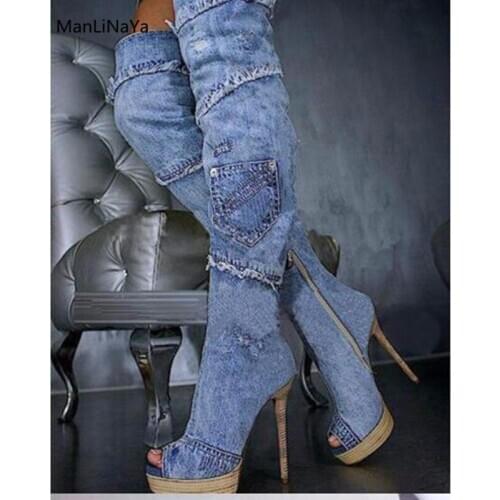 New Denim Peep Toe Turned-over Edge Women Boots Zip Pleated Solid Female Boots Super High Heel Over-the-Knee Women Ladies Boots