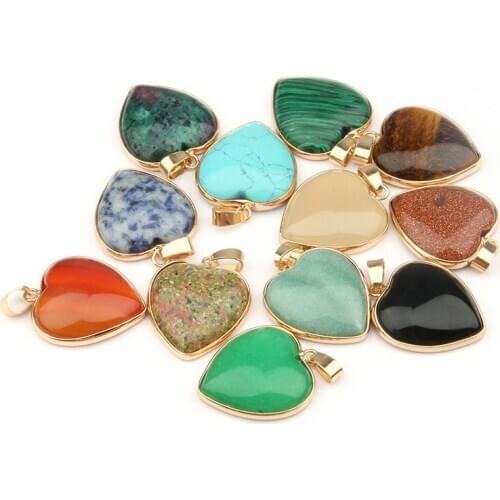 Natural Stone Hearts Pendant Crystal Jades Agates Turquoises Charms Pendants For DIY Necklace Jewelry Making Size 35x24x7mm