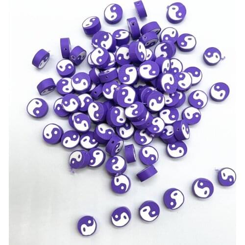 30pcs10mm Purple Tai Chi Design Polymer Clay Spacer Loose Beads for Jewelry Making DIY Bracelet Accessories