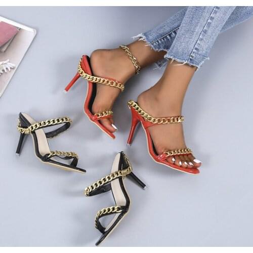 Fashion sandals ladies 2021 summer new large size metal chain square toe Roman style high heel sandals