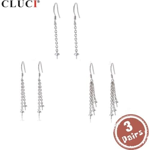 CLUCI 3 pair Simple Silver 925 Pearl Earring Mounting for Women Sterling Silver Multiple Style Drop Earrings SE143SB