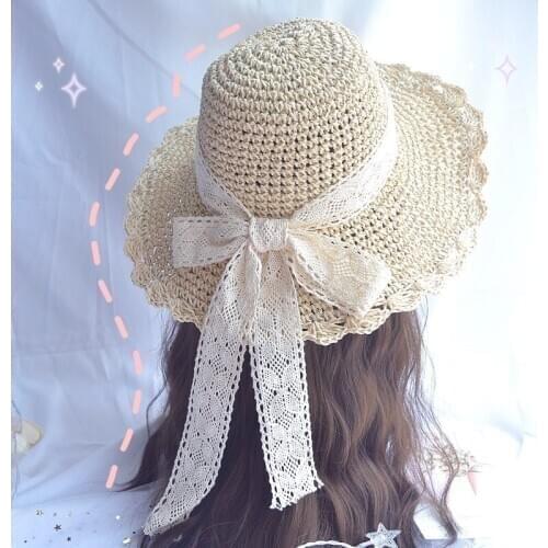 Fresh Japanese-style Versatile Lace Bandage Cloth Bow Hat Womens Summer Outing Big Brim Beach Hat Straw Hat Female Summer