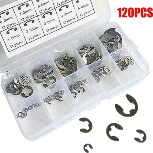 120Pcs Circlip Stainless Steel E Clip M1.5-M10 Open Retaining Ring Buckle-shaped Split Washer Assortment Kit for Shaft Fastener