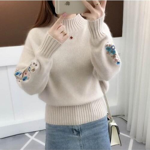 Faux Rabbit Fur Best Sweater Women Flower Embroiderd Turtleneck Cropped Pullover Pull Femme Jumper Korean Knitting Striped