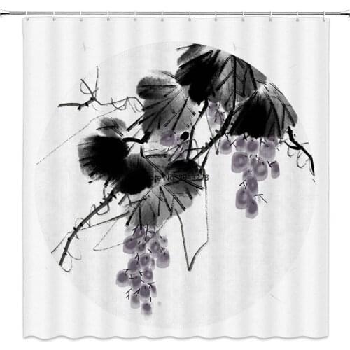 Landscape Flower Japanese Chinese Style Shower Curtain Set Mountain Art Bath Waterproof Chinese Ink Painting Shower Curtain