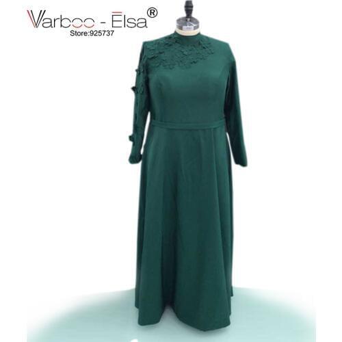 VARBOO_ELSA Saudi Arabia Green Satin Dresses 3D Appliques Beaded Long Sleeve Party Dress 2018 High Neck Long Prom Dress Custom