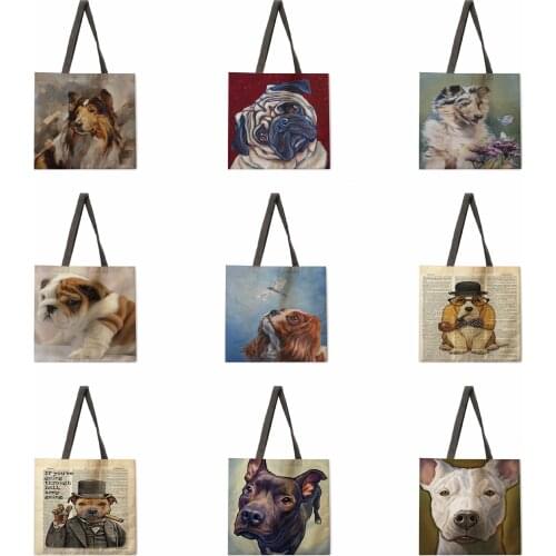 Oil painting dog linen shopping bag ladies shoulder bag foldable shopping bag beach tote bag