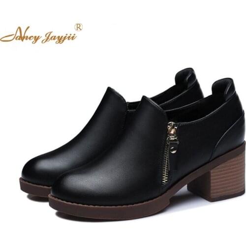 2021 Autumn Fashion Black Genuine Leather Chunky Heels Round Toe Dress Office Career Zip Square Heel Shoes Chaussure Nancyjayjii