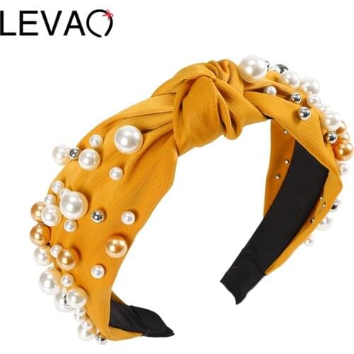 LEVAO Pearl Beaded Headband for Women Knotted Hair Band Bezel Turban Girls Hair Accessories Hair Hoop Solid Color Headwear