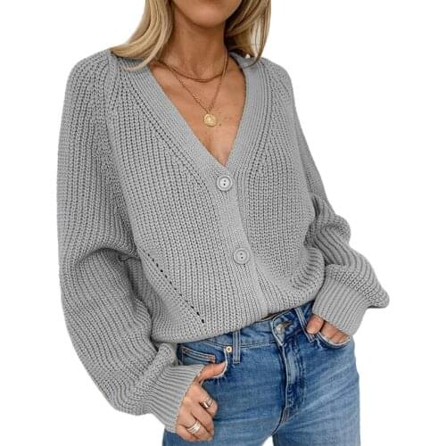 Autumn Spring Womens Basic Sweaters Single Breasted Knitted Cardigans Solid Deep V Neck Lantern Sleeve Casual Female Outwear