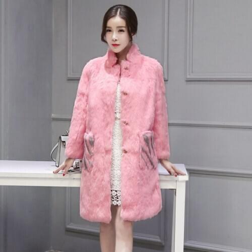 Coat Female Stand Genuine Collar Winter Jacket Women Full Rabbit Fur Jackets Warm Long Overcoat Abrigo WXF524