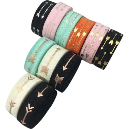 10Yards 15mm Silver Gold Foil Arrow Print Fold Over Elastic FOE Ribbon Webbing For Headwear Hair Sewing Accessories