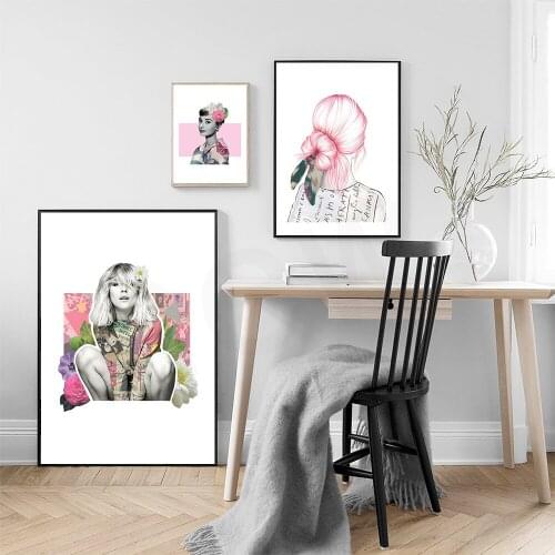 Abstract Pink Hair Girl Wear Flower Head Canvas Painting Wall Art Nordic Posters and Prints Wall Pictures for Living Room Decor