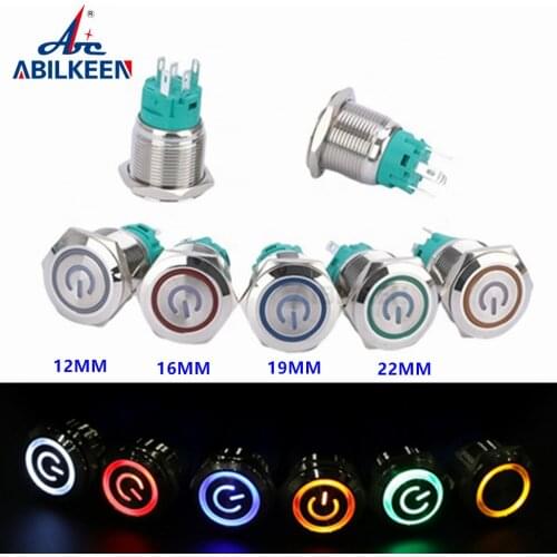Free Shipping 12/16/19/22mm Waterproof Metal Push Button Switch LED Light Momentary Latching Power Switch 5V 12V 24V 220V