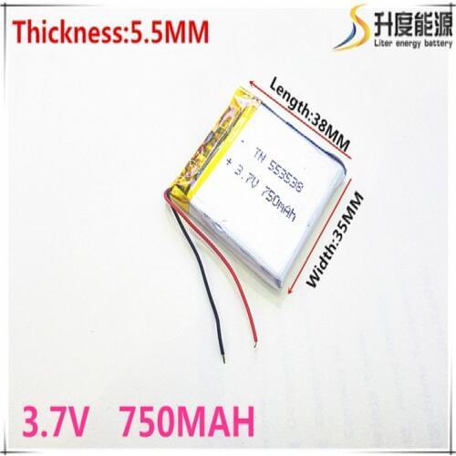 Free shipping Polymer battery 750 mah 3.7 V 553538 smart home MP3 speakers Li-ion battery for dvr,GPS,mp3,mp4,cell phone,speaker
