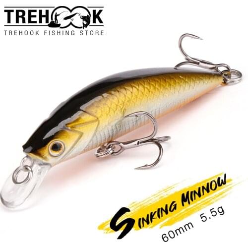 TREHOOK 60mm 5.5g Sinking Minnow Lure For Fishing Crankbait Silent Black Minnow Wobblers For Pike Artificial Bait Fishing Tackle