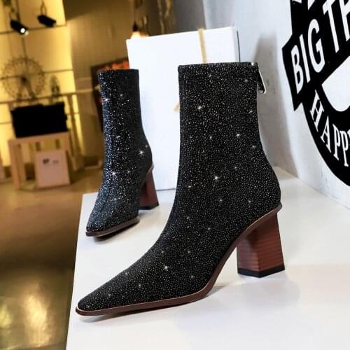 BIGTREE High Heel Boots Pointed Water Drill Fashionable And Sexy Womens Ankle Boots Banquet Glitter Womens Boots