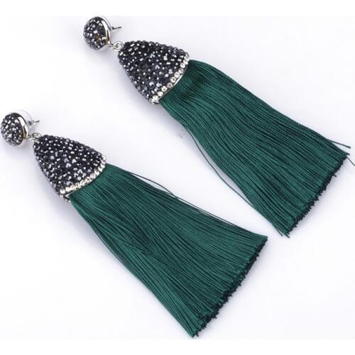 Boho Dark Green Chunky Silk Thick Tassel with Blak Rhinestone Cap Charm Studs Top Long Dangle Tassel Earrings For Women