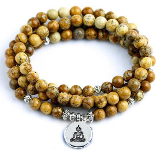 Natural 6mm Picture Stone Woman Sparkling Jewelry Multi-layer wraps Lotus 108 Prayer Beads Bracelets Men Mala Yoga Bracelet