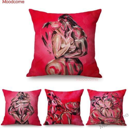 Red Background African King And Queen Sexy Abstract Impressionism Black Love Oil Painting Sofa Throw Pillow Case Cushion Cover