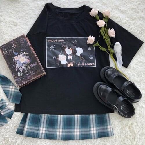 Cat Girl X Bamboo Checks Original Design Womens Set: Short Sleeve T-shirt + Pleated Skirt & Necktie & Neckbow