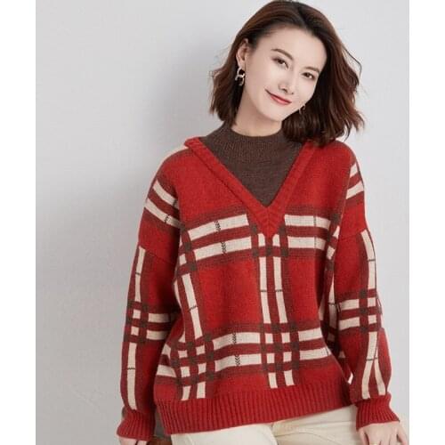 Women Knitted Loose Half-High Collar Lazy Wind Fake 2 Piece Plaid Shirt Pullover Sweater