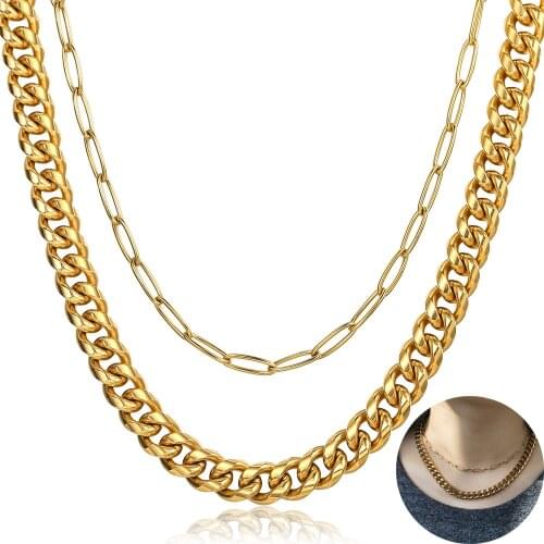 Double Layered Necklace for Women Gold Color Stainless Steel Choker Curb Cuban Paperclip Link Chain Jewelry Gifts LDN241