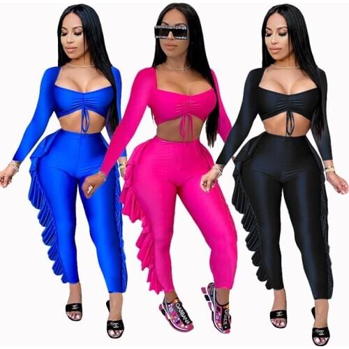 Fluorescence Color Fashion Two Piece Set Long Sleeve Drawstring Crop top + Ruffle Splicing Sweatpant Suit Outfits Matching Set