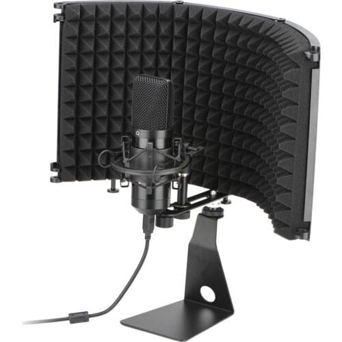 Microphone Isolation Shield with Stand, Folding 3 Panel Studio Recording Isolation Shield with High Density Absorbing Foam
