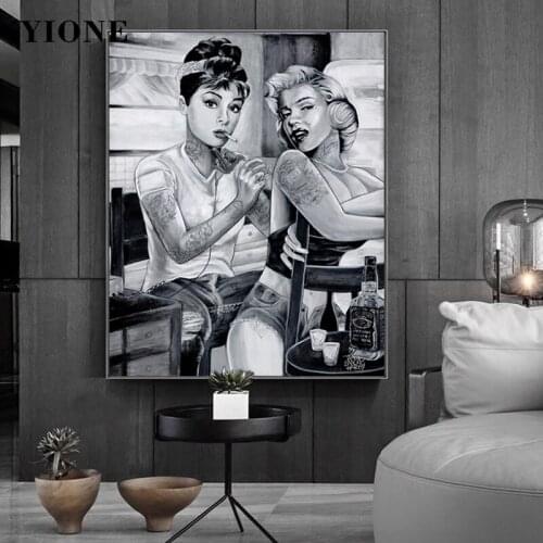 Classic Sexy Tattoo Woman Canvas Painting Black and White Smoking Girl Figure Picture Wall Poster Art Prints Home Decoration