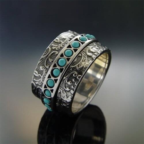 Vintage Relief Pattern Turquoises Rings for Men Silver Color Personality Wide Finger Ring Fashion Punk Party Jewelry Wholesale