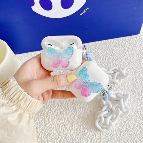 3D Cute Colored Butterfly Funda for Airpods Pro Case Soft Earphone Accessorie Cover for Air Pods 1 2 Cases with Bracelet Chain