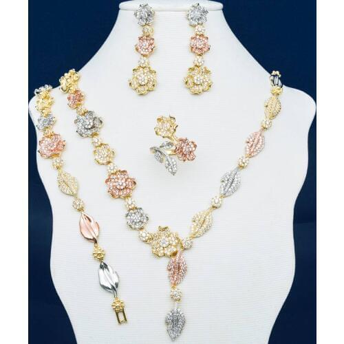 ModemAngel Delicate Flowers Leaf Cubic Zirconia Copper Wedding Party Necklace Bangle Earring Ring Dubai Jewelry Set