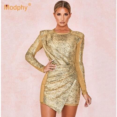 Modphy Fashion Gold Sequins WomenS Dress Sexy Long Sleeve Bodycon Celebrity Evening Party Mini Dress Female 2020 Autumn New