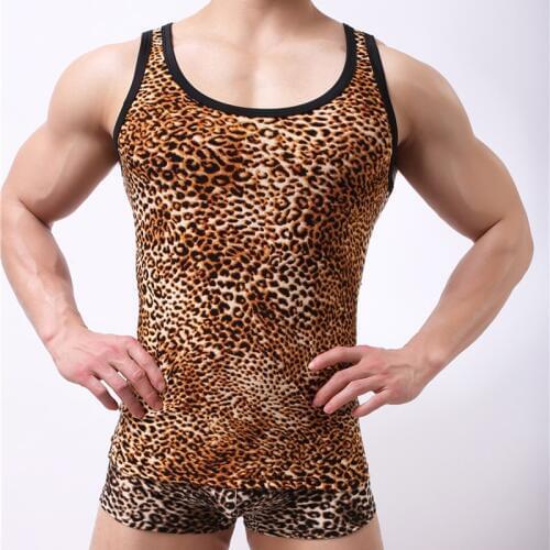 2019 Summer Mens Undershirt O-Neck Mesh Leopard print Tops Breathable Tank Tops Men Tight Fitting Sleeveless Sexy mens clothing