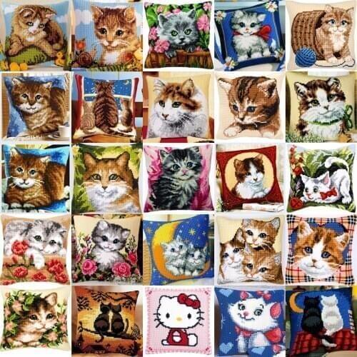 1Cat 02 DIY Needlework Kit Acrylic Yarn Embroidery Pillow Tapestry Canvas Cushion Front Cross Stitch Pillowcase