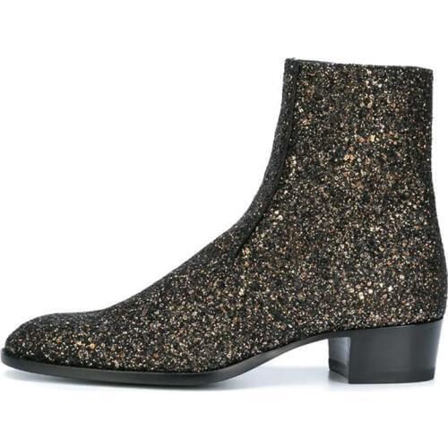 2020 New Plus Size Genuine Leather Bling Men Vintage Chelsea Boots Low Heel Side Zipper Pointed Toe Ankle Boots Dress Shoes Men