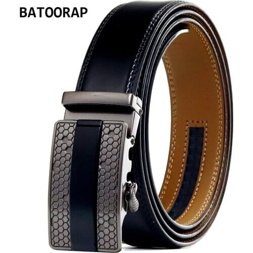 BATOORAP New Mens Leather Belt Metal Buckle Luxury Designer Male Waist Trouser Belt Ratchet Fashion Black Cowhide Strap WL-E010