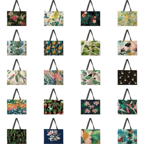 Folding shopping bag green plants lady shoulder bag female leisure handbag outdoor beach bag female tote bag