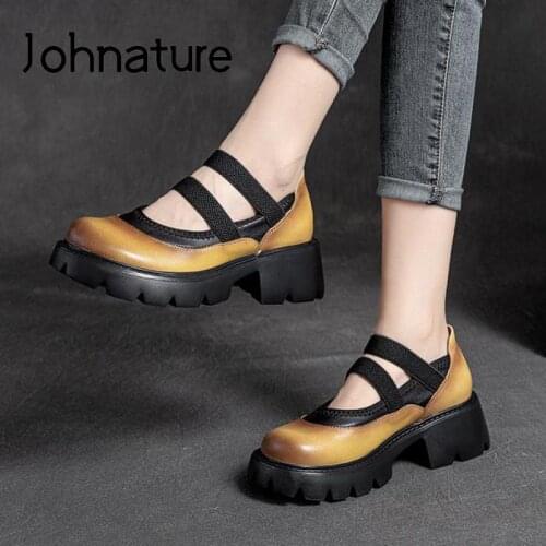 Johnature Retro Pumps Women Shoes Elastic Band Genuine Leather 2021 New Round Toe Handmade Autumn Sewing Leisure Ladies Shoes