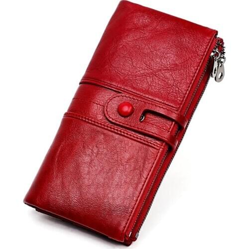 Genuine Leather Women Long Wallet Ladies Buckle Zipper Purse Fashion RFID Wallets Female Credit Card Holder Phone Clutch Purse