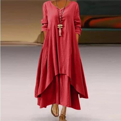 Hillsionly Plus Size Women Summer Dress Linen O-neck Double Layer Buttoned Long Asymmetric Maxi Dresses Elegant Dress For Women