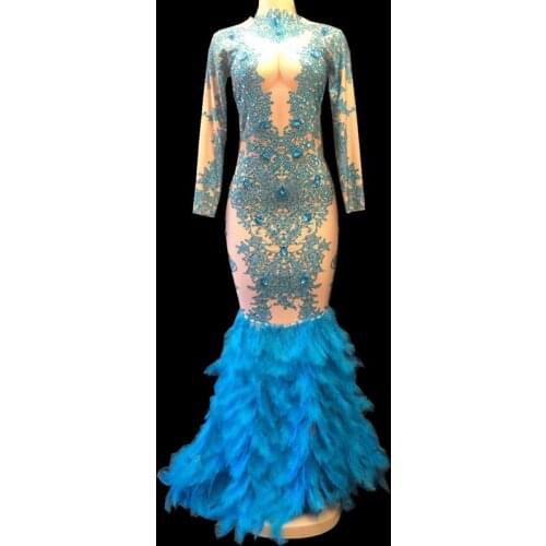 New Sparkly Rhinestones Blue Feathers Tail Dress Women Evening Prom Birthday Party Floor-length Dress Female Singer Stage Wear