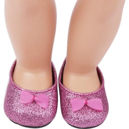 18 Inch American Doll shoes Shiny purple bow princess dress shoes PU newborn shoe Girls Baby toys fit 43 Cm Boy Dolls s74