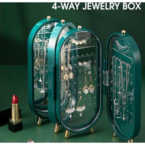 4-Way Foldable Earrings Holder Jewelry Display Stand w/ Makeup Mirror 153 Earrings Holes Jewelry Organizer Necklace Hanging Rack